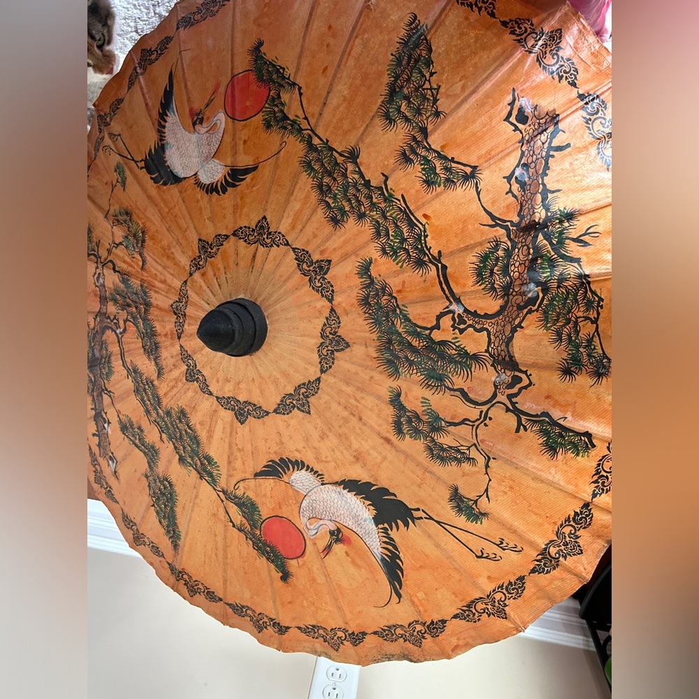 Vintage Chinese Oil Paper Umbrella Parasol Decor Handmade Teak Bamboo Asian